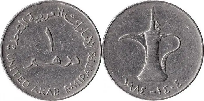 1 dirham: wisselkoers teenoor die dollar en die roebel. Monetêre eenheid van die Verenigde Arabiese Emirate